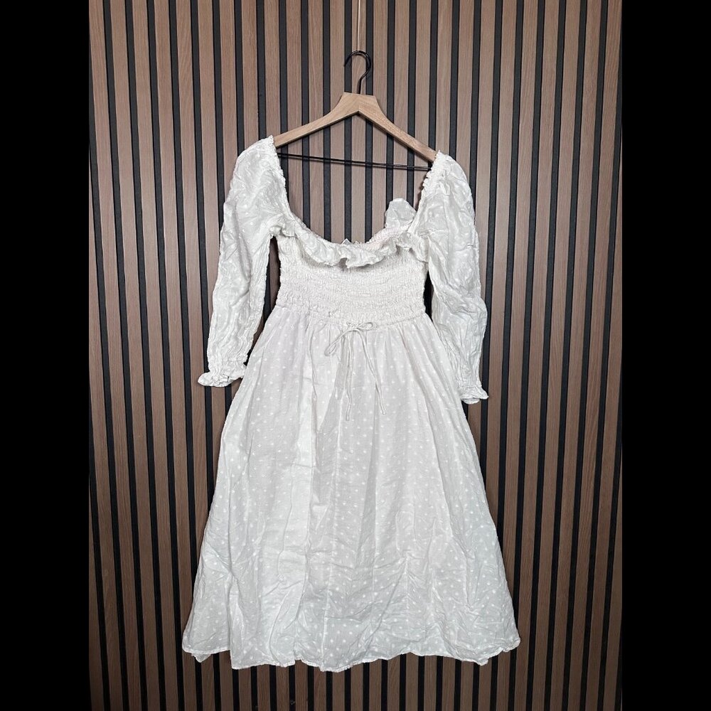 R. Yiposha Dress Large Womens White Babydoll Smocked Midi Textured Ruffled Trim
